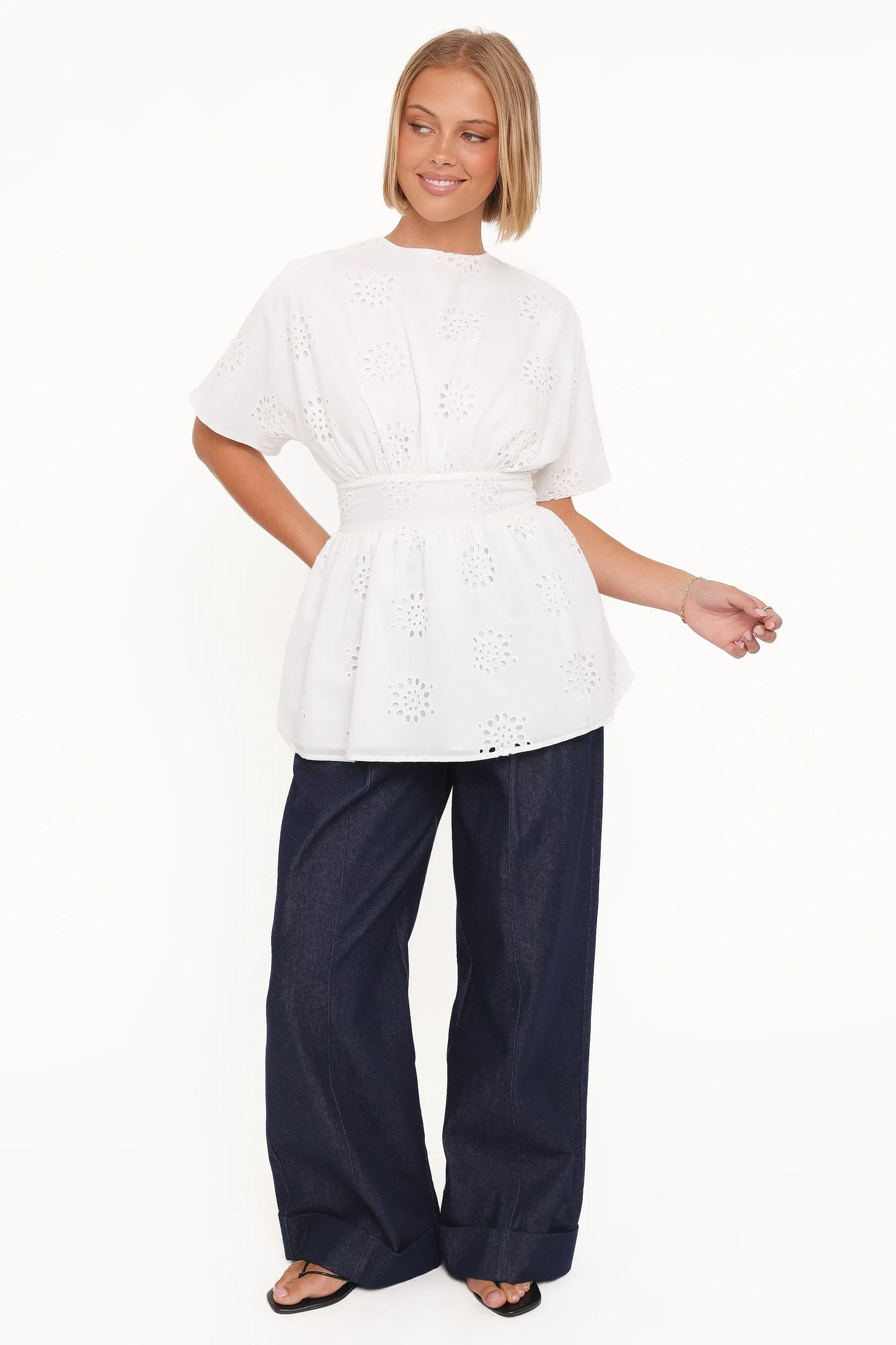 Carmel Tie Back Tunic Top - White Embroidery