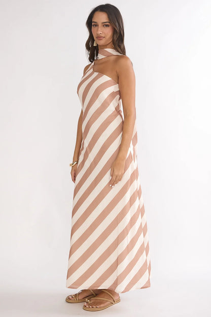 Mirona One Shoulder Scarf Maxi Dress Stripe Camel