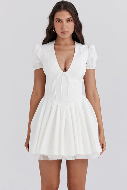 white pleated cotton mini dress