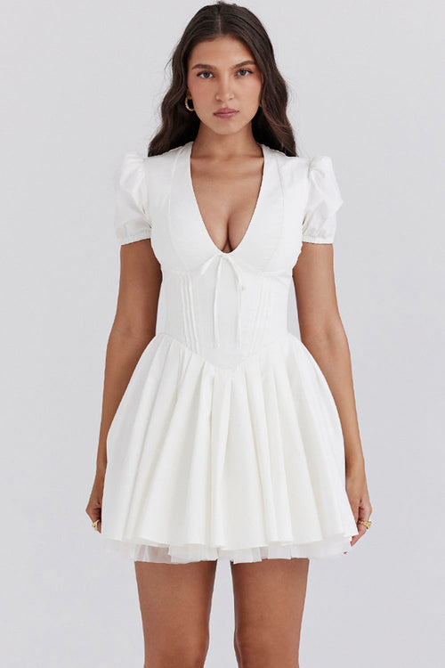 white pleated cotton mini dress