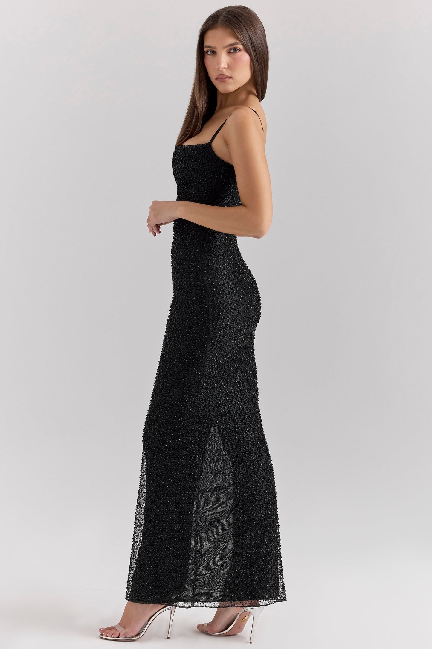 black pearl embellished maxi dress