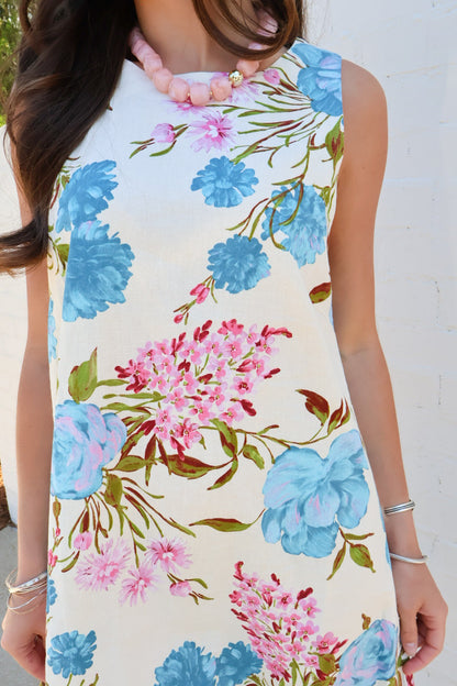 Blue Floral Linen Blend Shift Dress