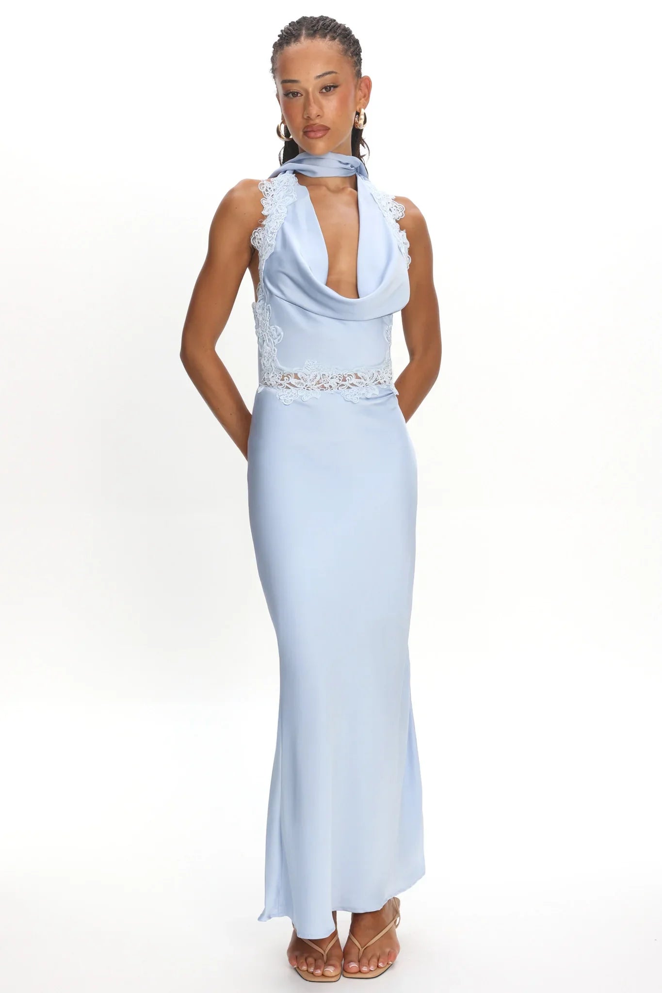 Scotlyn Applique Trim Halter Maxi Dress Blue