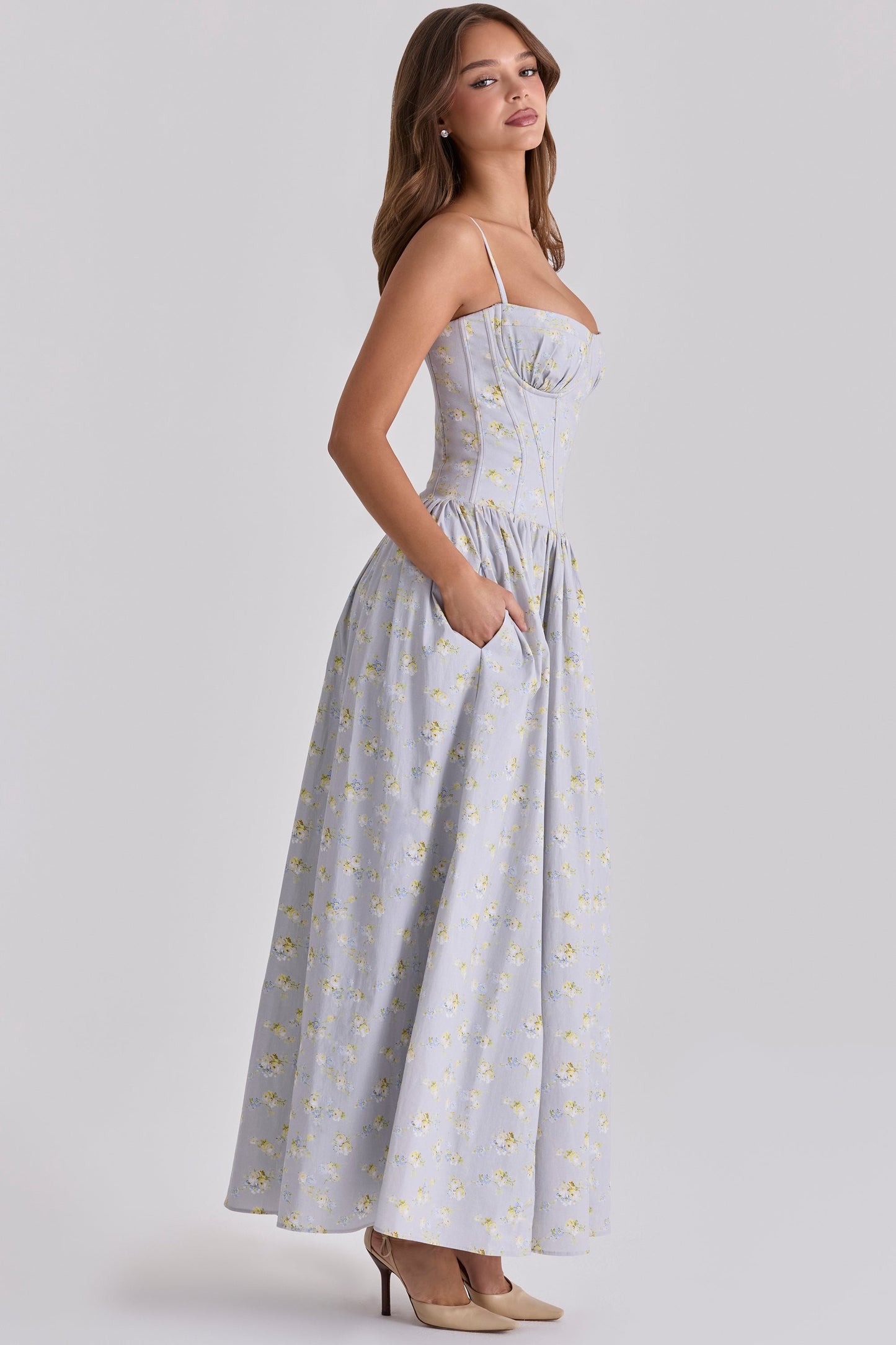 blue wildflower print cotton lace up maxi dress