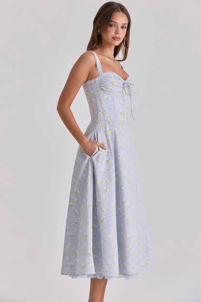blue wildflower floral print midi dress