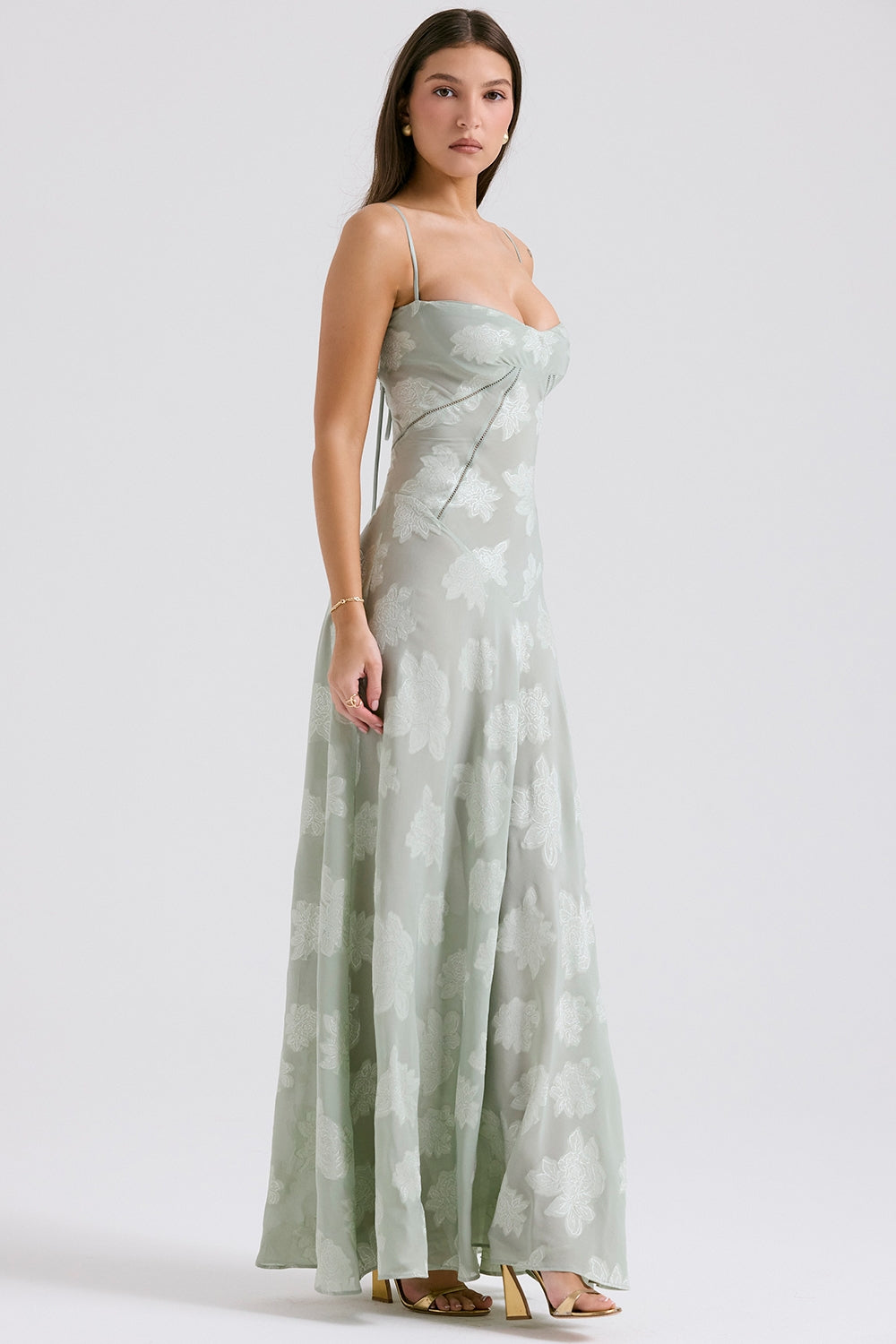 pistachio floral lace back maxi dress
