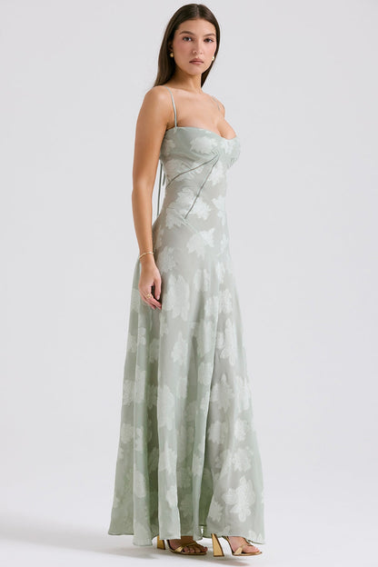 pistachio floral lace back maxi dress