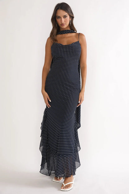 Emmara Tied Shoulder Maxi Dress Polka Dot Navy