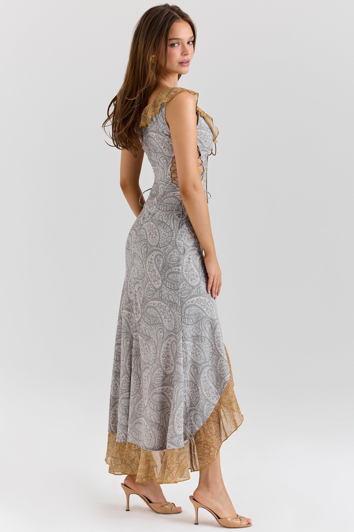 paisley print georgette ruffle maxi dress