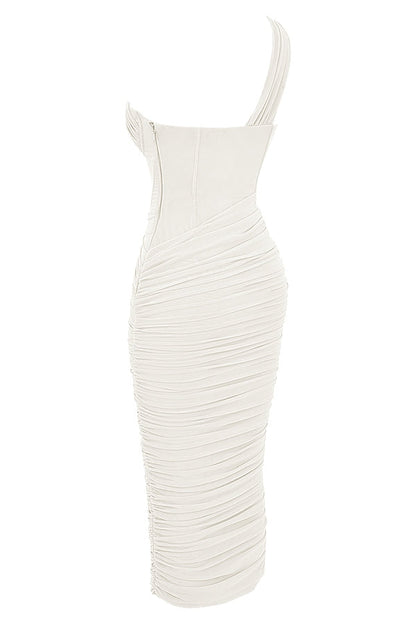 ivory asymmetric cutout midi dress
