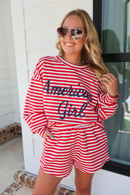 American Girl Stripe Sweatshirt & Shorts Set