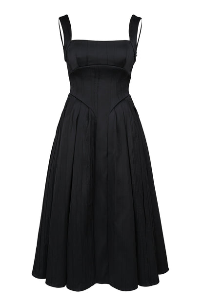 black textured satin corset midi dress