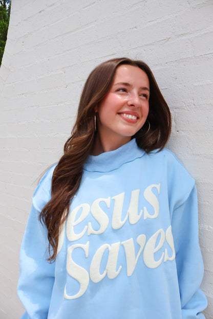 Jesus Saves Mockneck Pullover - Blue