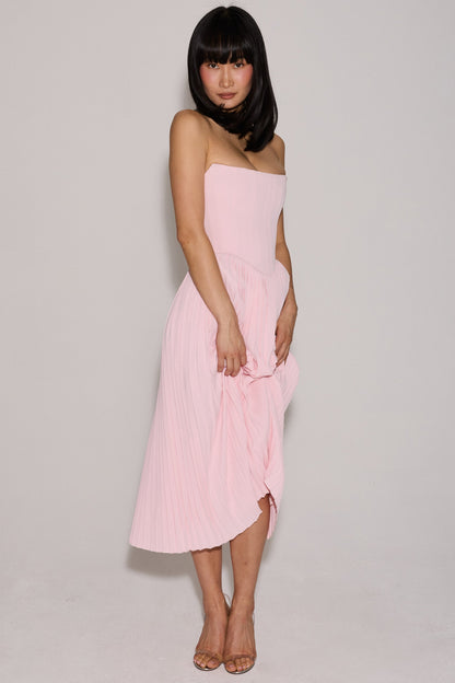 pink pleated midi corset dress
