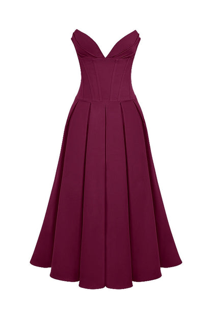 wine strapless midi dress