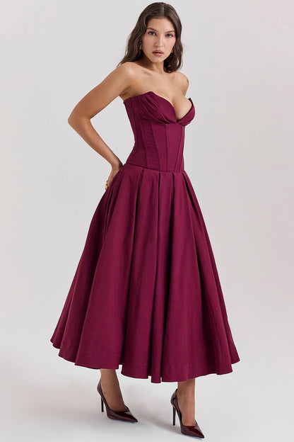 wine strapless midi dress