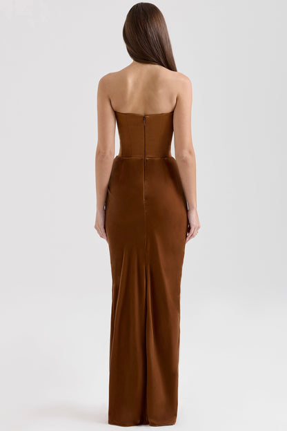 coffee velvet strapless corset maxi dress