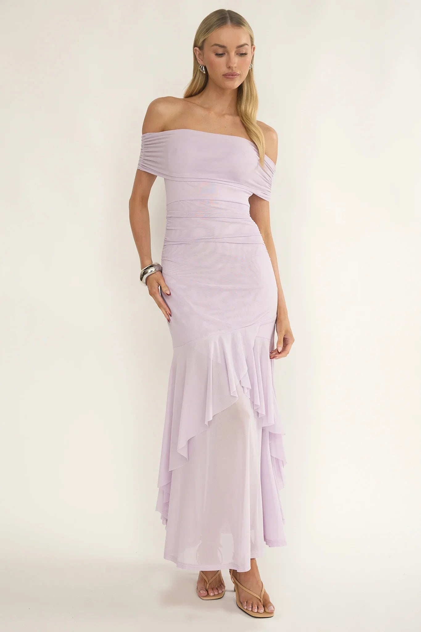Kiarna Off-Shoulder Mesh Maxi Dress Lilac