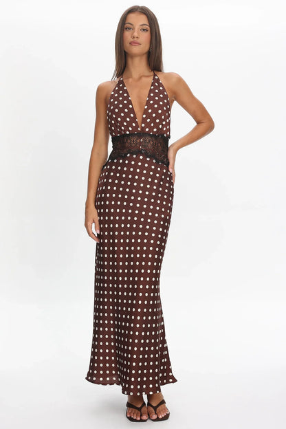 Tarly Lace Waist Halter Maxi Dress Polka Dot Chocolate