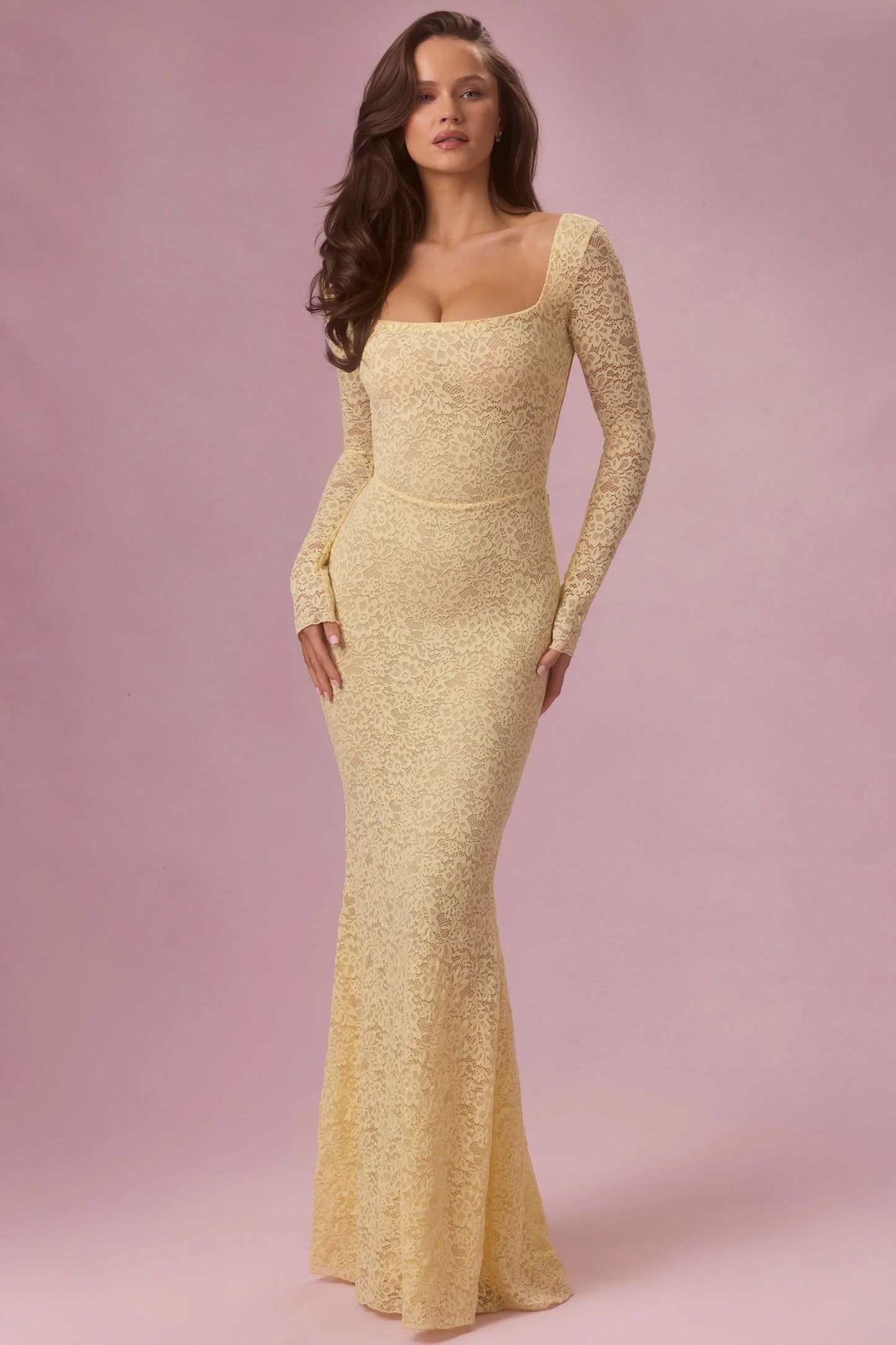 Lace Long-Sleeve Maxi Dress in Butter Yellow
