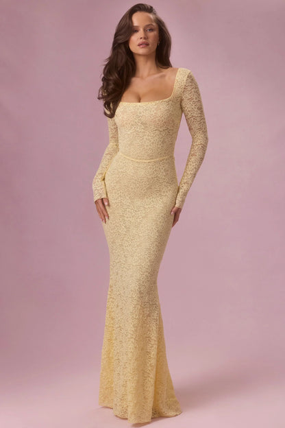 Lace Long-Sleeve Maxi Dress in Butter Yellow