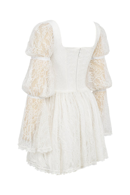 white lace puff sleeve mini dress