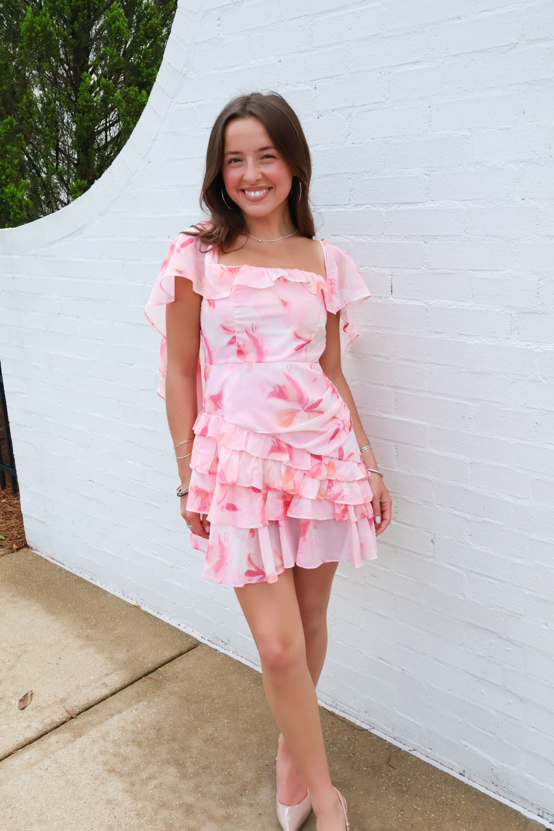 Pink Floral Cape Mini Dress