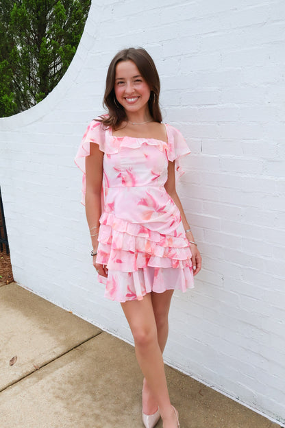 Pink Floral Cape Mini Dress