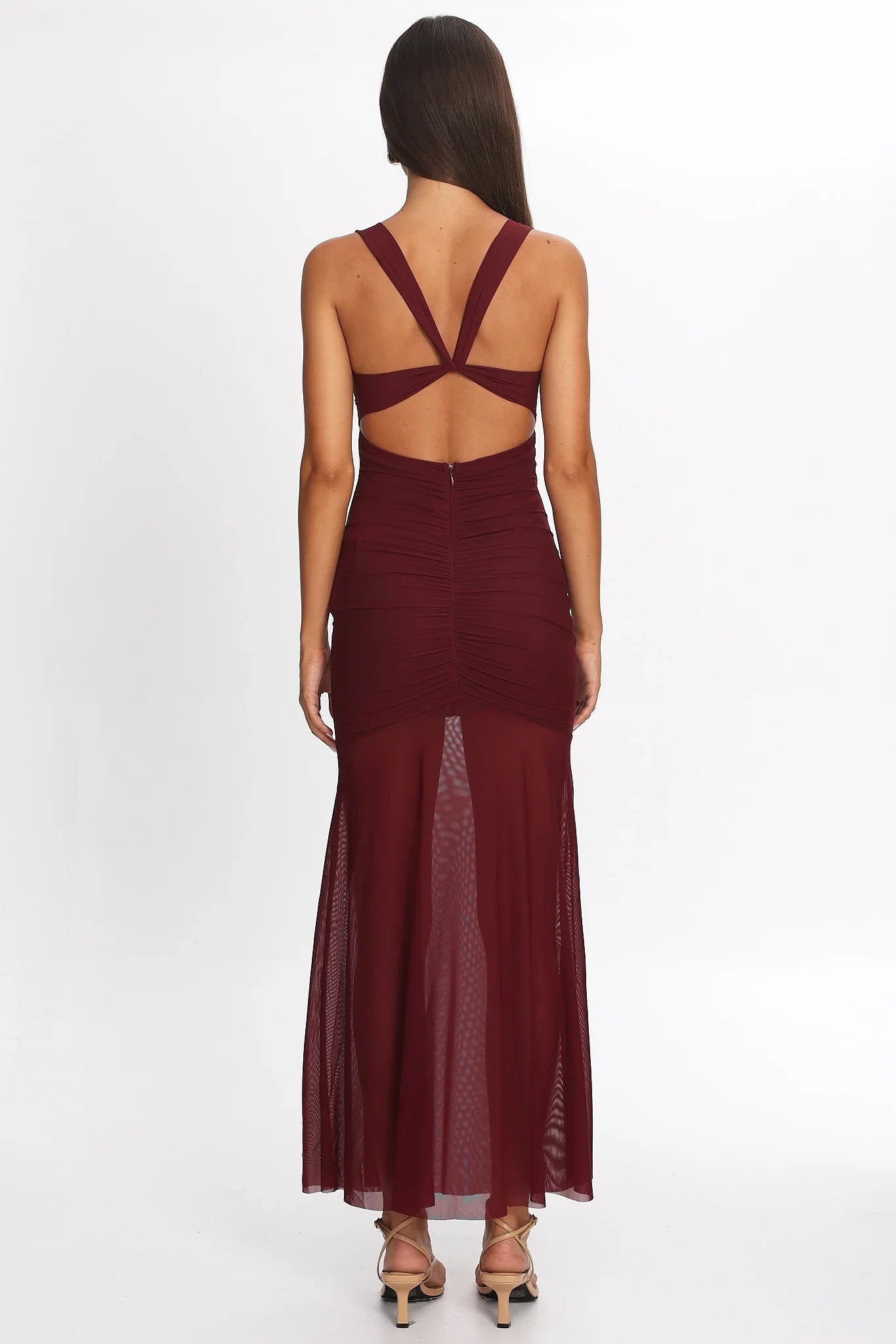 Sade Sheer Panel Ruched Maxi Dress Wine