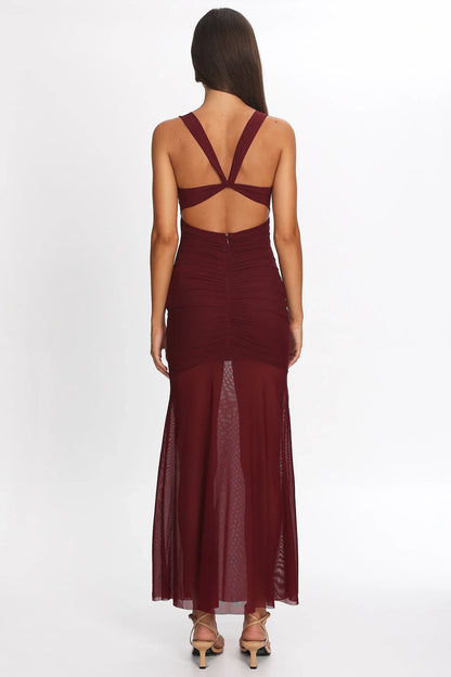 Sade Sheer Panel Ruched Maxi Dress Wine