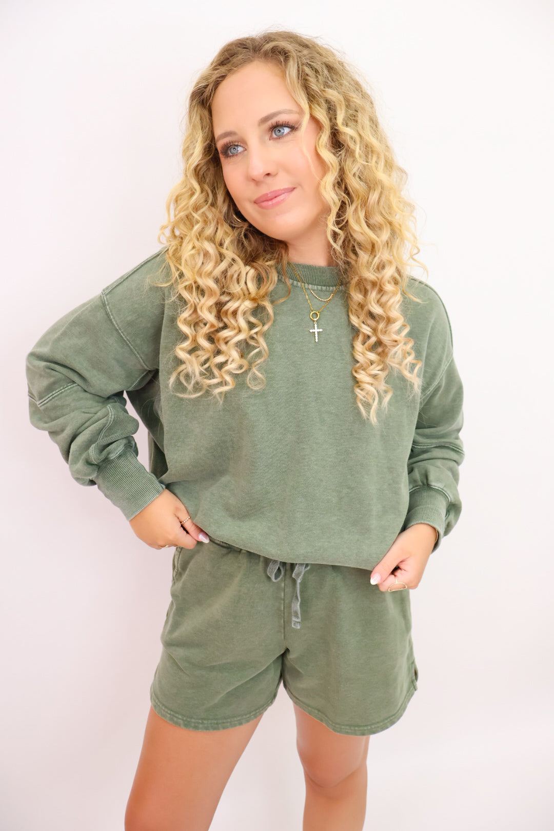 French Terry Pullover and Shorts Set - Washed Olive