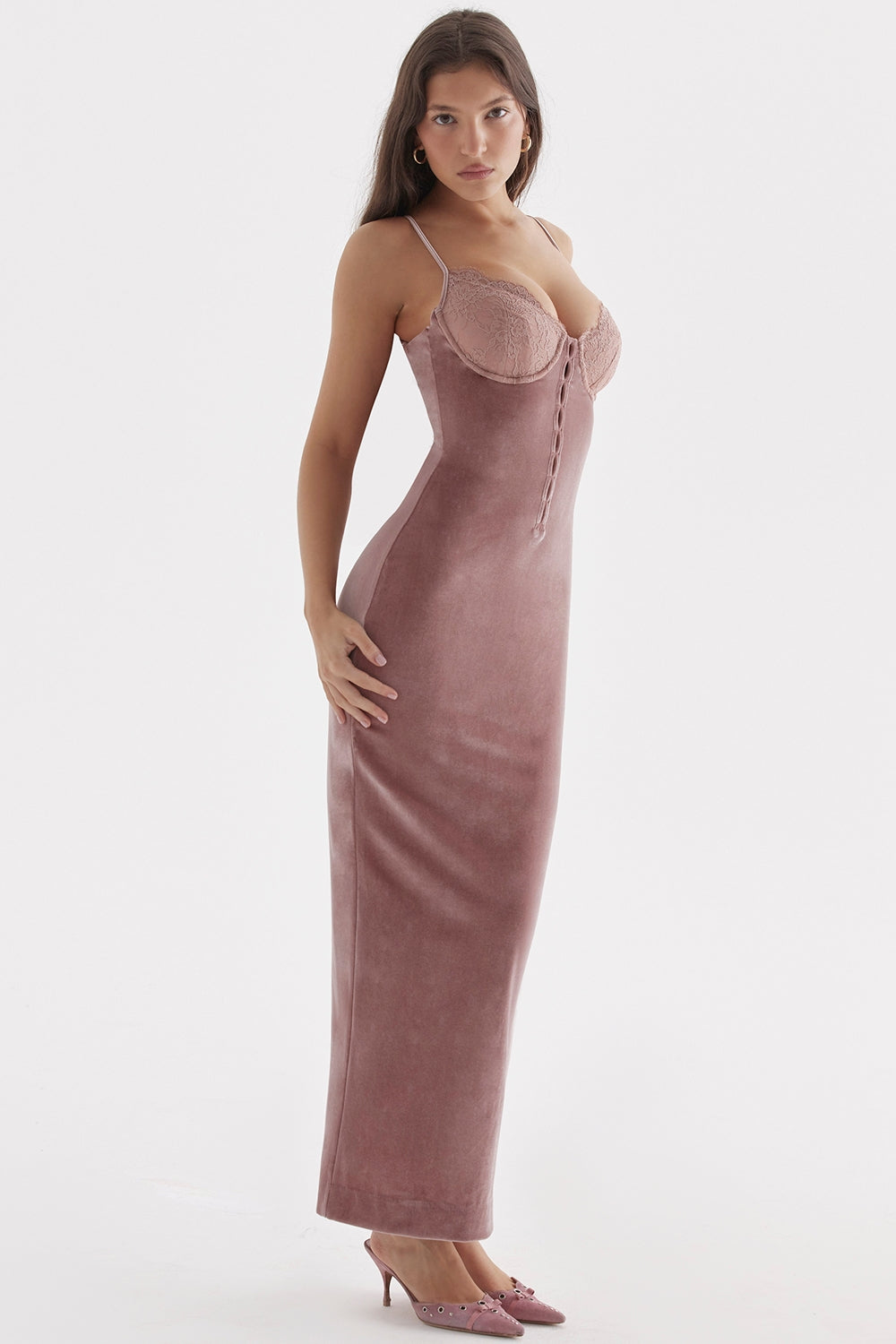 soft pink velvet midi dress