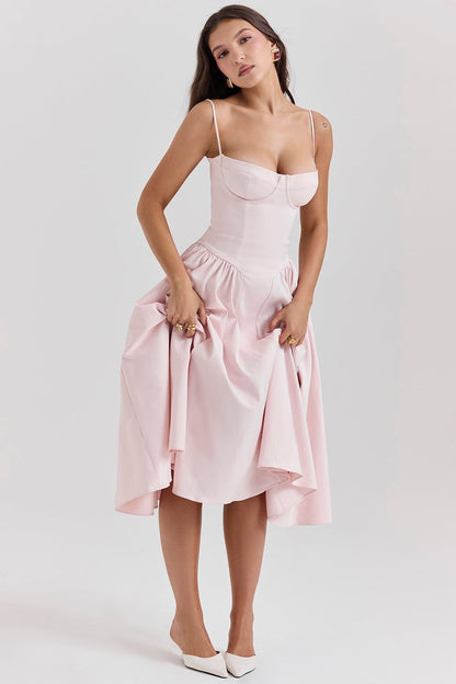 ballerina pink twill corset midi dress