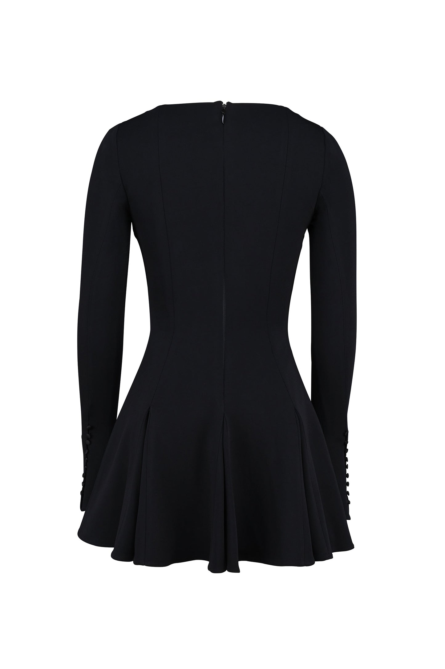 black stretch crepe godet mini dress