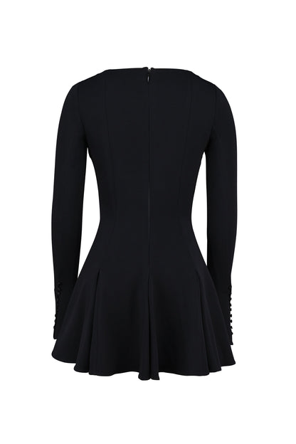 black stretch crepe godet mini dress