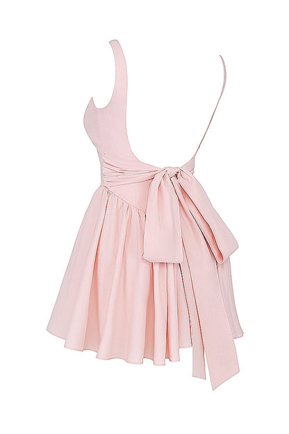 soft peach bow mini dress