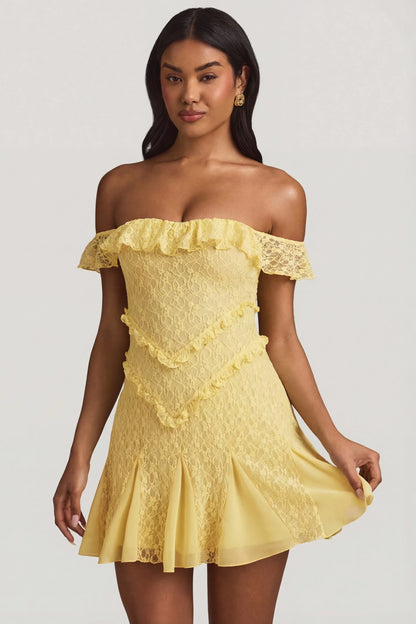Off-Shoulder Lace A-Line Mini Dress in Pastel Yellow