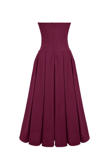 wine strapless midi dress