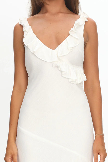Alba Frill Trim Midi Dress White