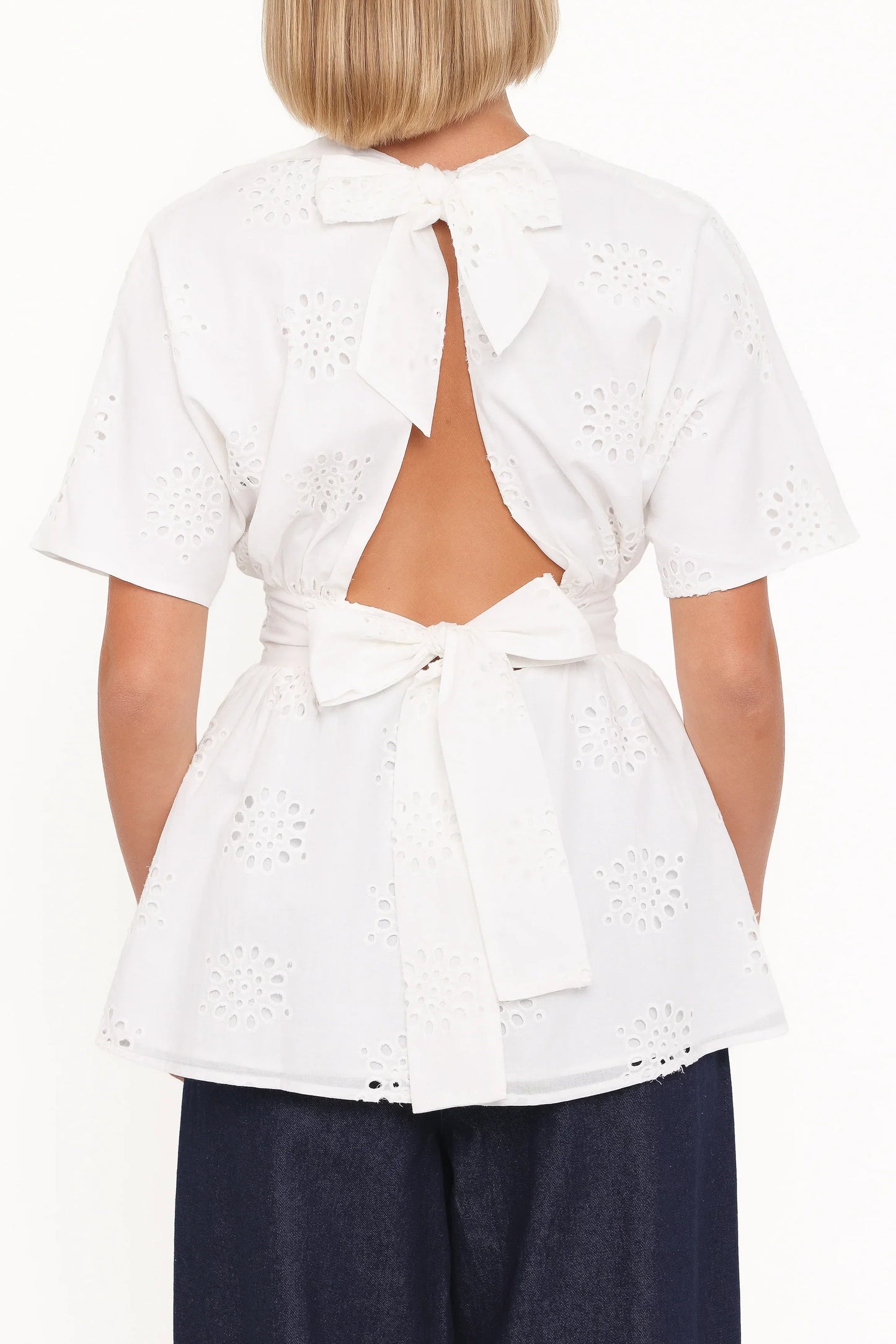 Carmel Tie Back Tunic Top - White Embroidery