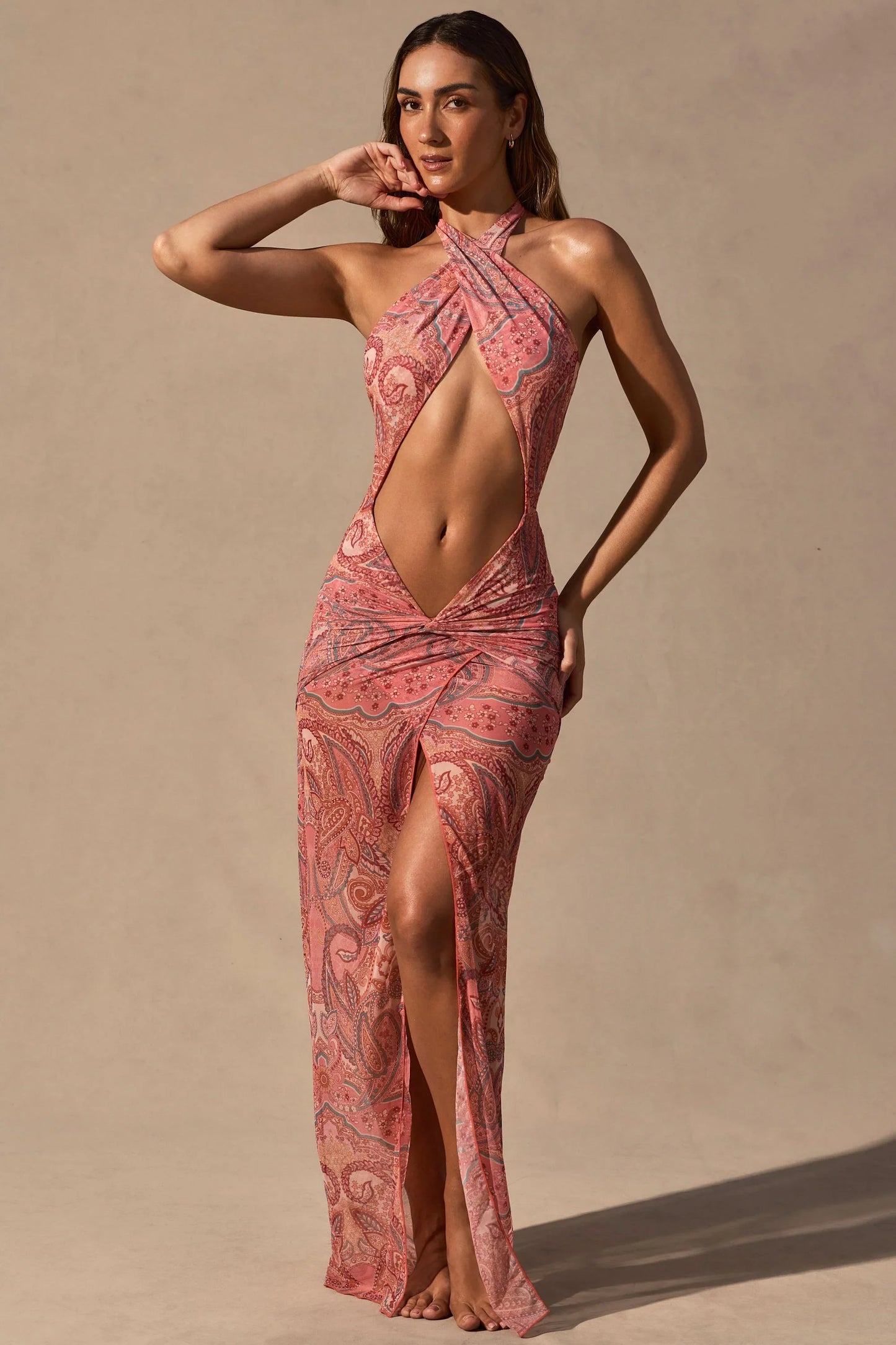 Cut-Out Halterneck Maxi Dress in Paisley Print
