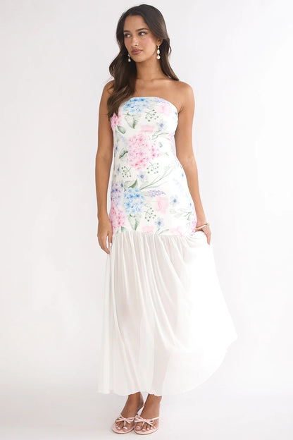 Wilma Sheer Hem Strapless Maxi Dress Flowers Blue
