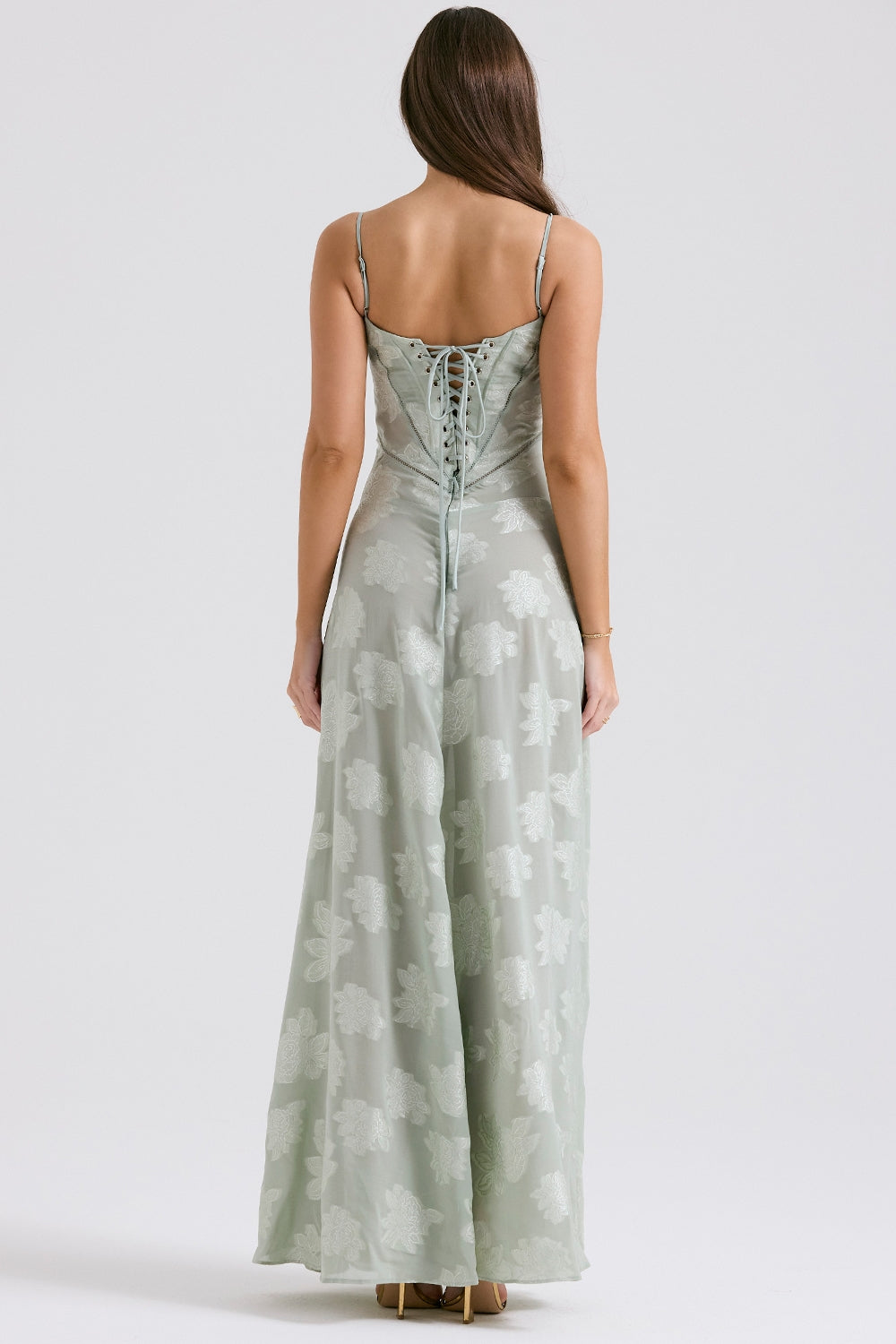 pistachio floral lace back maxi dress