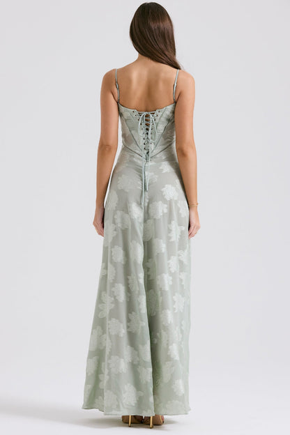 pistachio floral lace back maxi dress
