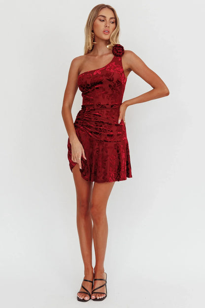 Midnight Aura One Shoulder Mini Dress Wine