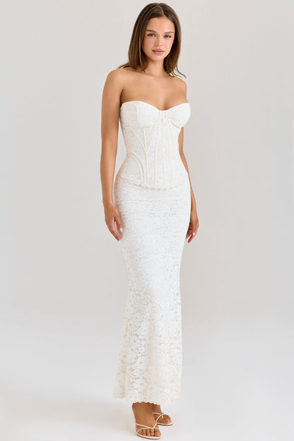 ivory lace corset maxi dress