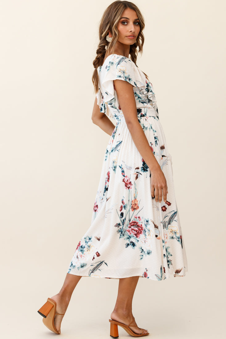 Amelie Tied Bust Pocket Midi Dress Floral Print Beige