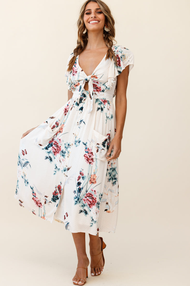 Amelie Tied Bust Pocket Midi Dress Floral Print Beige