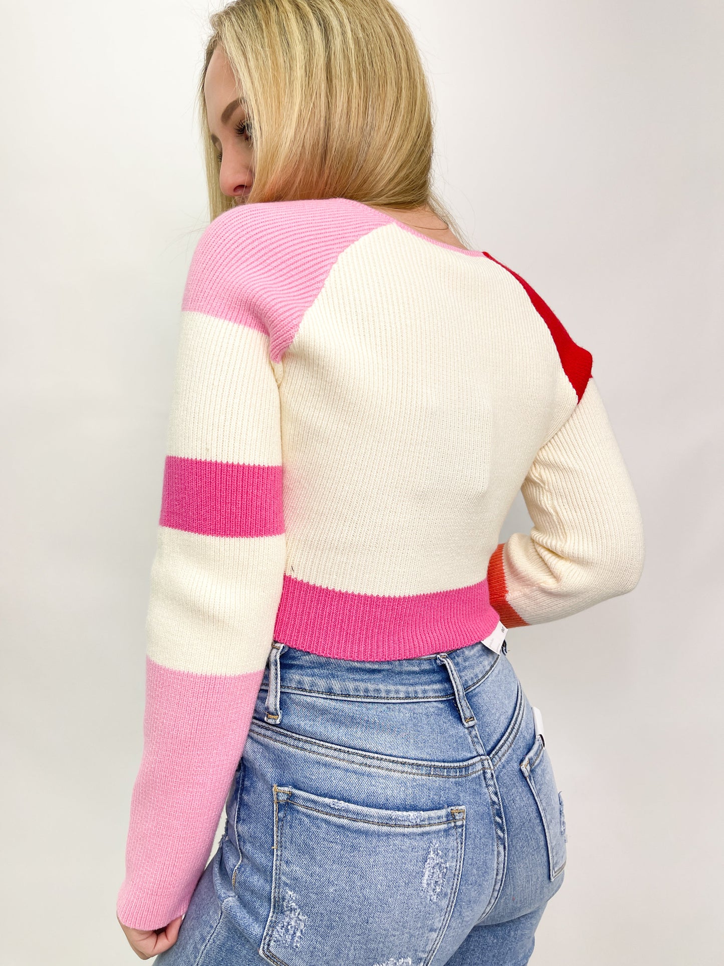 Color Blocked Crop Sweater - Red and Pink