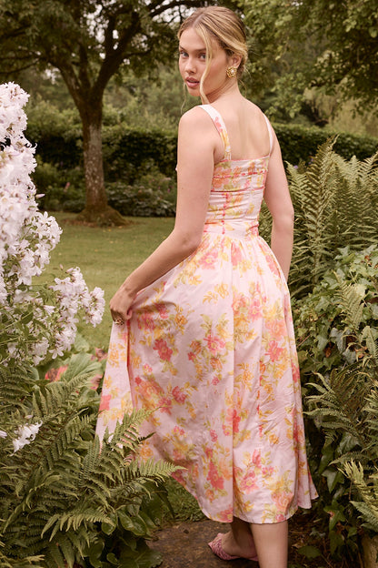 peach poppy print cotton midi sundress
